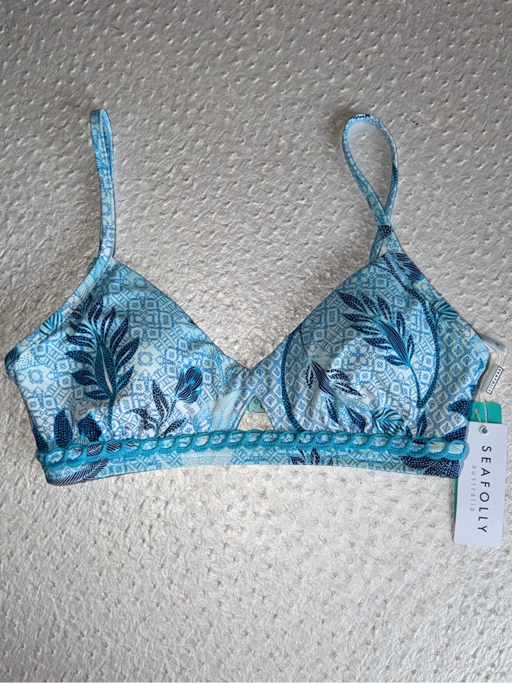NWT Seafolly Bali Hai Aqua Blue Tropical Print Bralette Bikini Top Sz US 6